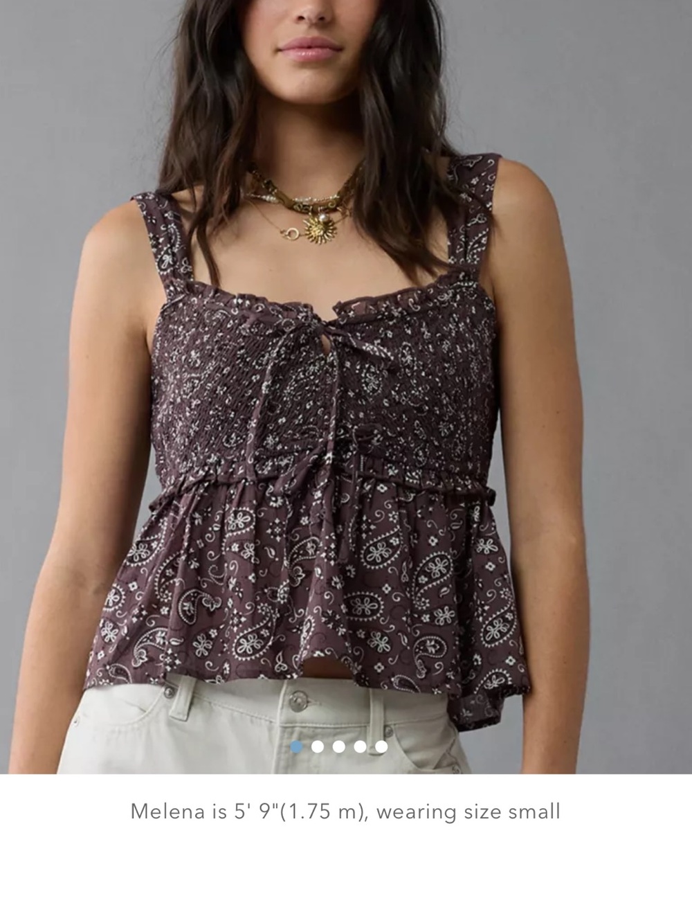 American Eagle Outfitters Smocked Babydoll Brown Paisley Smocked Peplum Tank